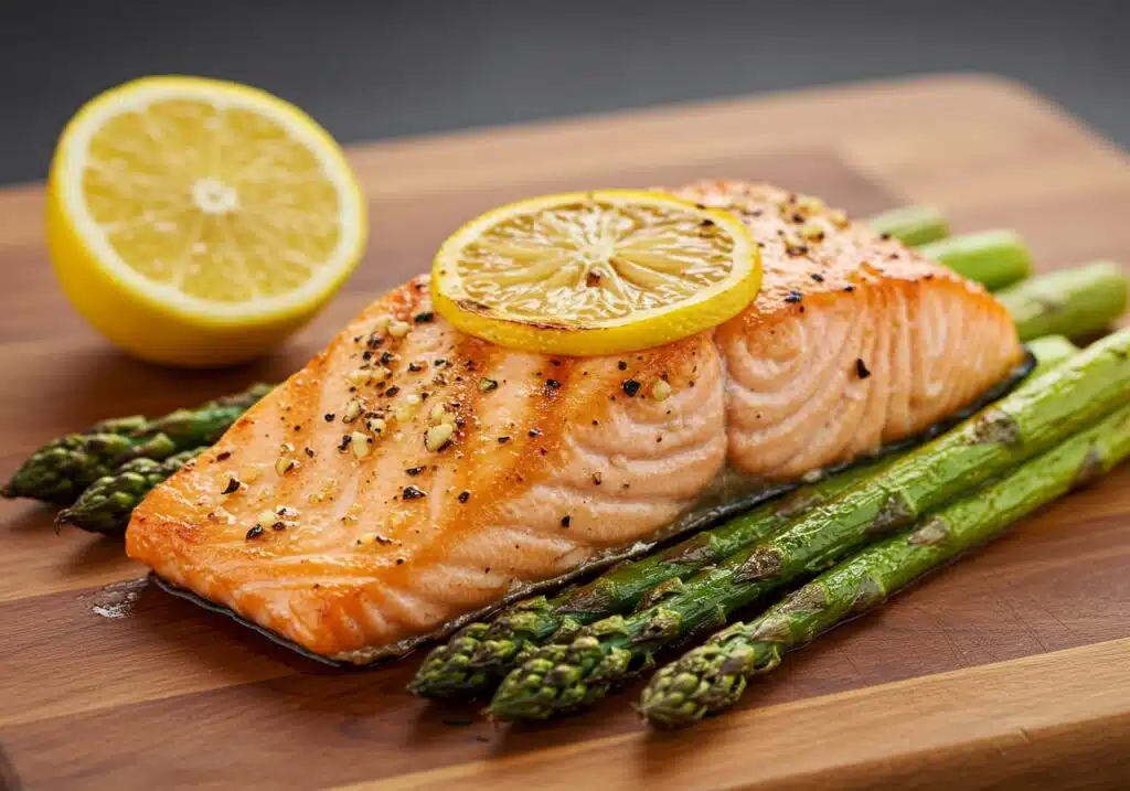 salmon lemon garlic with asparagus healthy dinner