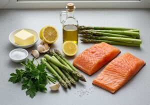 Ingredients of salmon lemon garlic with asparagus healthy dinner