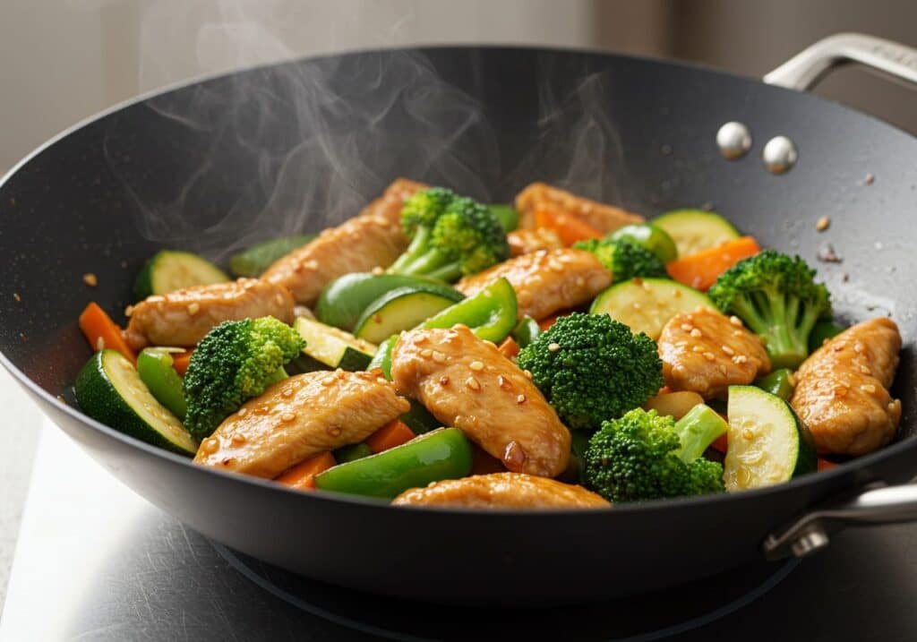 Quick chicken stir fry with broccoli, zucchini, carrots, and snap peas in a wok.