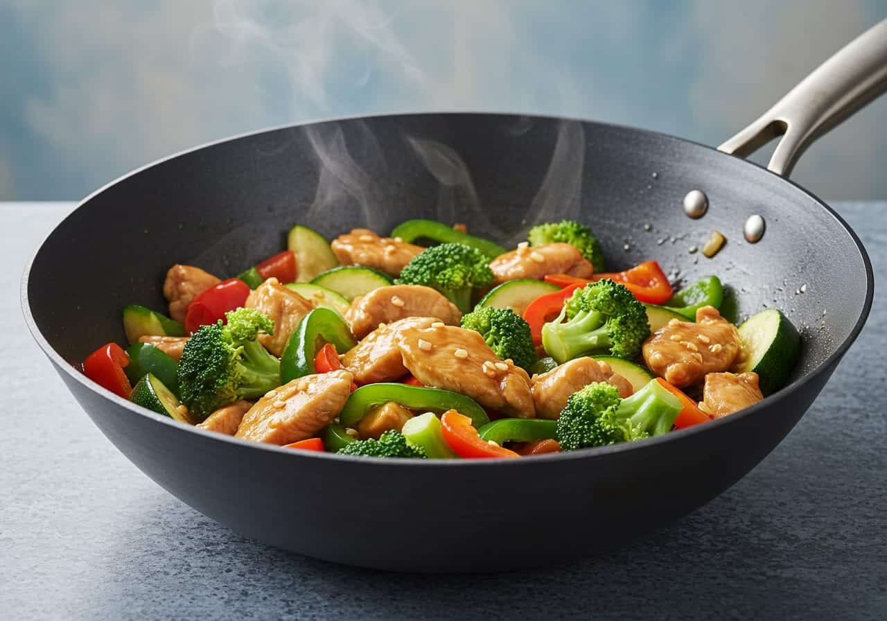 Stir fry chicken with fresh vegetables in wok