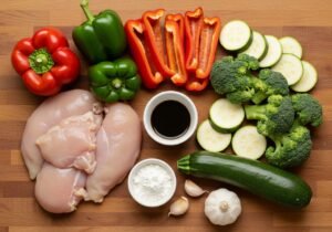 Stir fry chicken ingredients arranged on kitchen counter