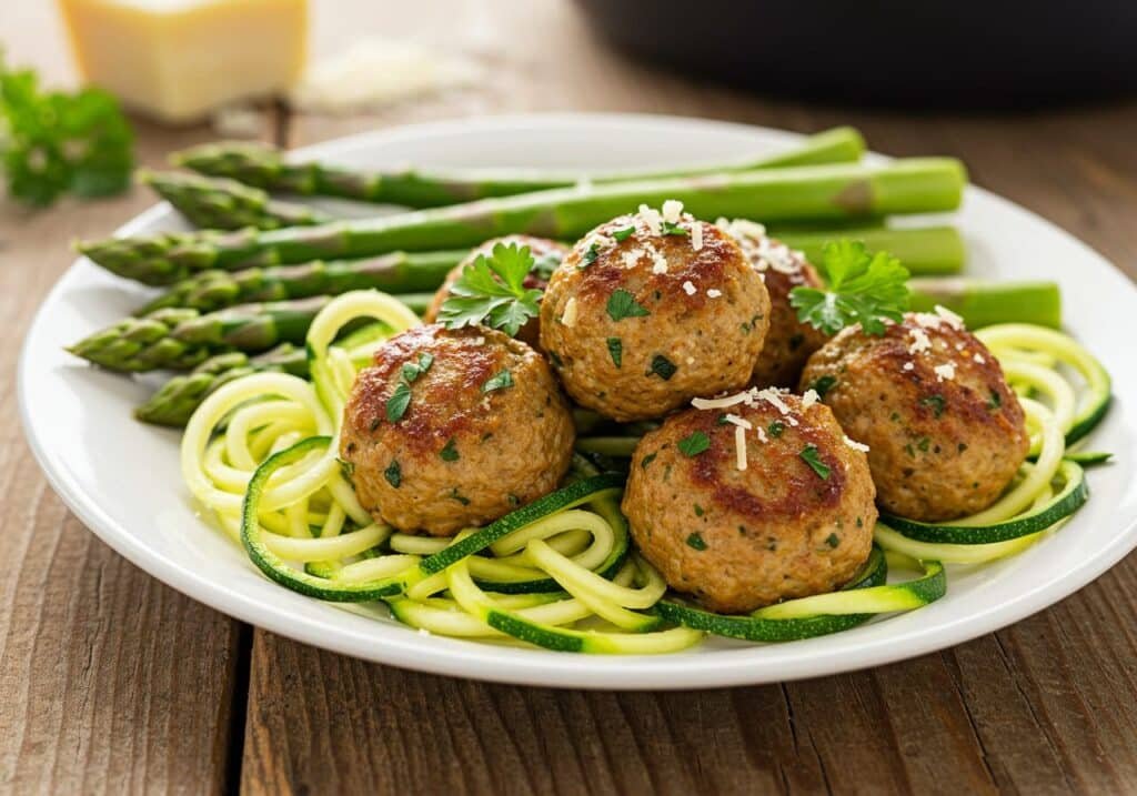 Turkey meatballs with zucchini noodles on white plate garnished with fresh herbs