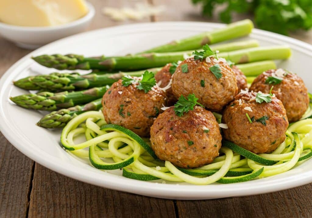 Turkey meatballs with zucchini noodles on white plate garnished with fresh herbs