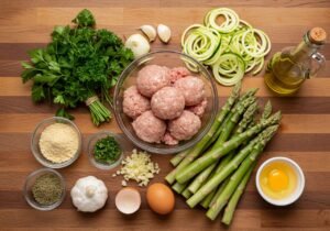 Raw turkey meatball ingredients including ground turkey, herbs, and spiralized zucchini