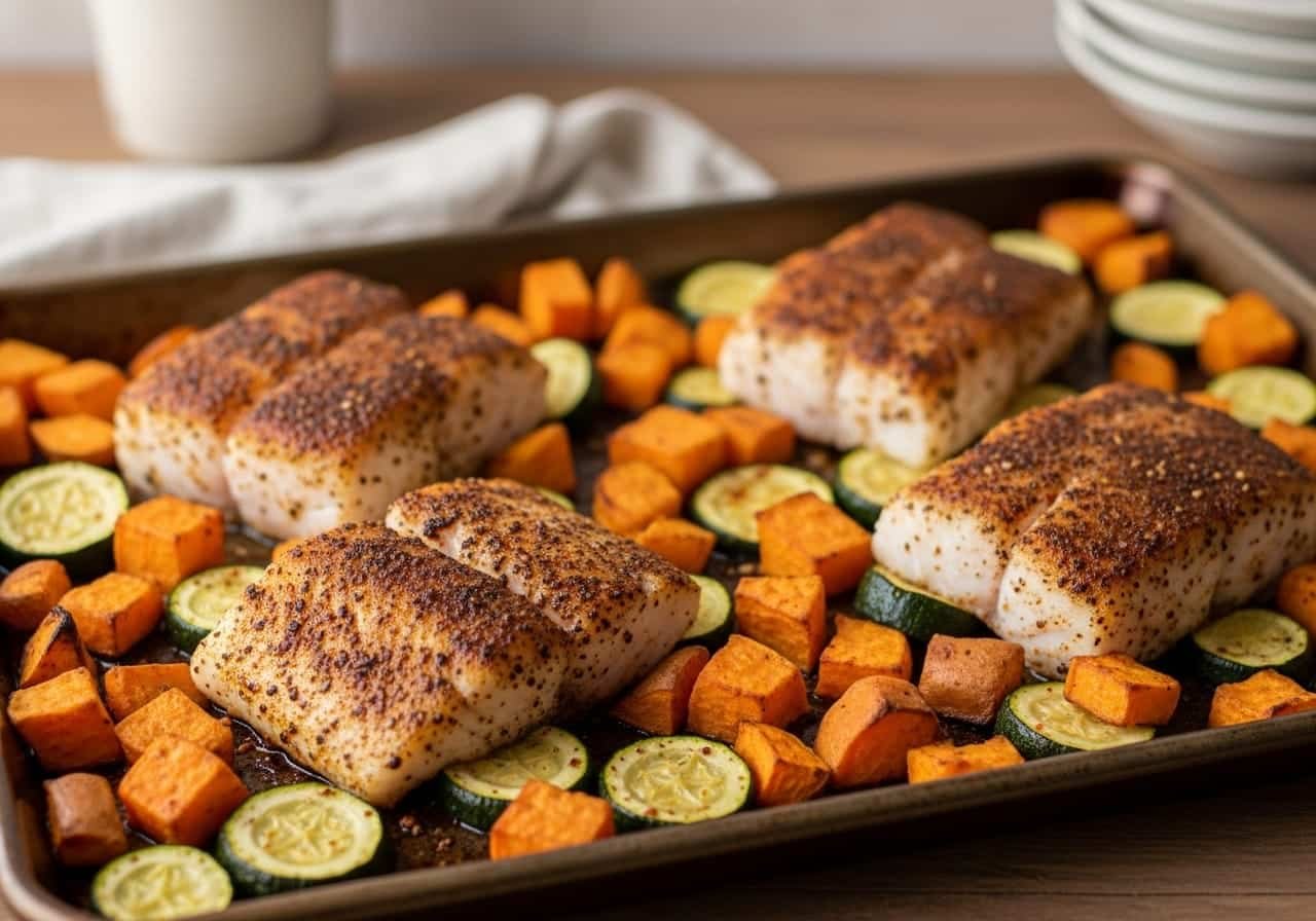 One-pan baked cod with sweet potatoes and zucchini