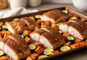 One-pan baked cod with sweet potatoes and zucchini