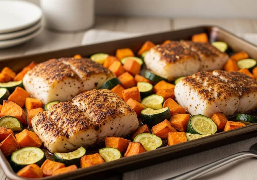 One-pan baked cod with sweet potatoes and zucchini