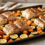 One-pan baked cod with sweet potatoes and zucchini