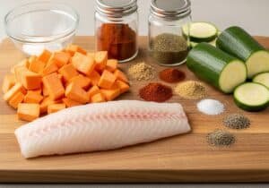 Ingredients for one-pan baked cod with sweet potatoes