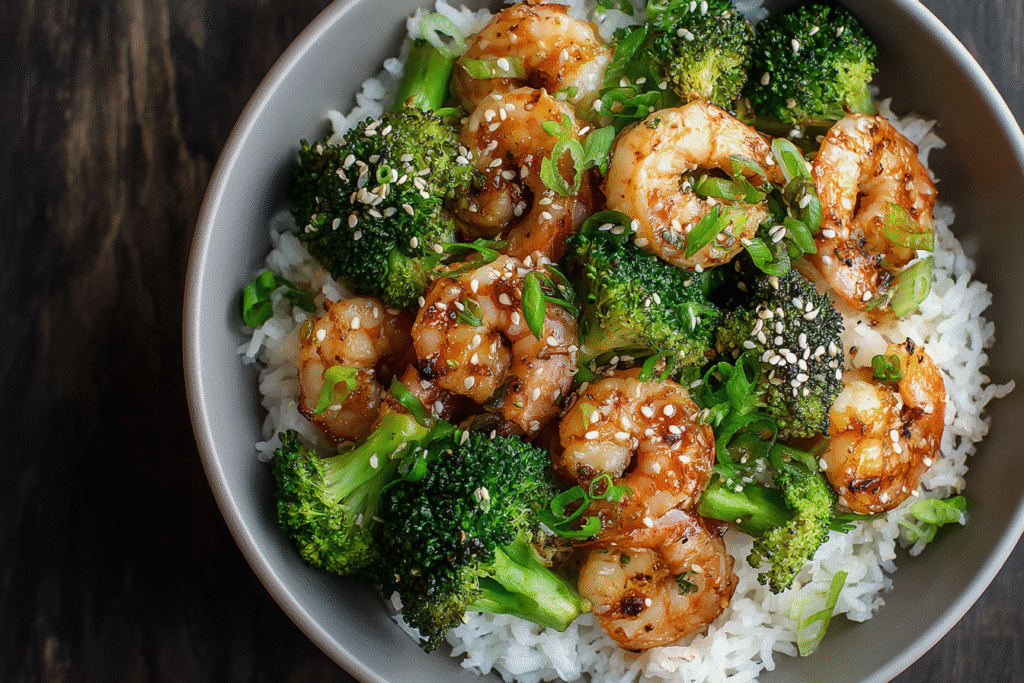 Shrimp and broccoli bowl with jasmine rice, sesame seeds, and scallions on wooden table