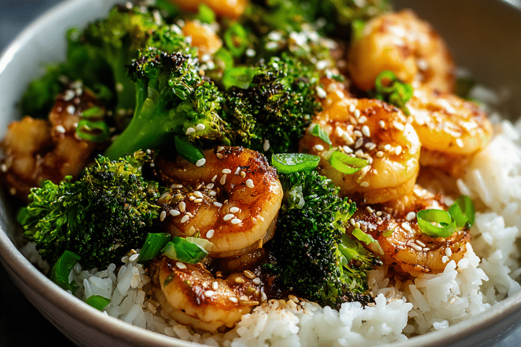 Shrimp and broccoli bowl with jasmine rice, sesame seeds, and scallions on wooden table